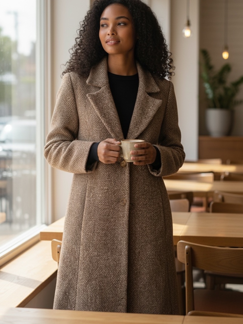 Classic Taupe Herringbone Wool-Blend Pea Coat
